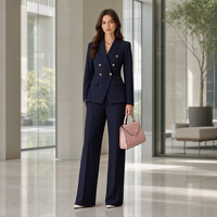 Ensemble pour femmes bleu marine, blazer formel à double boutonnage avec boutons dorés, pantalon large, vêtements de bureau de luxe pour cadres