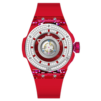 Montre mécanique tourbillon haut de gamme pour homme, boîtier en cristal transparent, bracelet en fluororubber, design luxueux avec diamants