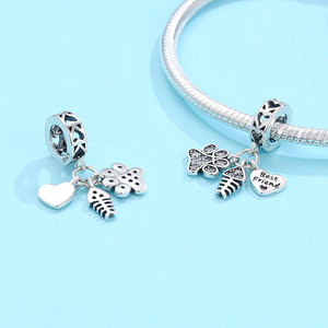 Breloque Chat Meilleur Ami en Argent S925 avec Pavé de Zirconium Cubique, Patte, Os de Poisson, Cœur, Triple Pendentif Creux pour Bijoux - Product Image 2