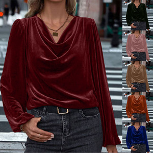 Elegante Camicetta da Ufficio in Velluto per Donna, Collo Drappeggiato, Maniche Lunghe con Spalle a Sbuffo, Vestibilità Comoda, <span class=keywords><strong>Top</strong></span> Casual Quotidiano - Product Image 1