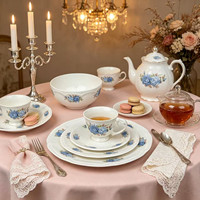 Assiette et Bol en Céramique à Relief Motif Rose Bleue Romantique Style Vintage Français, Assiette à Dessert, Assiette à Soupe, Ensemble de Vaisselle