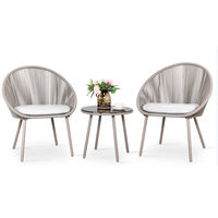Ensemble bistrot d'extérieur moderne style Acapulco 3 pièces avec chaises en corde tressée et table ronde en verre pour balcon, jardin, salon