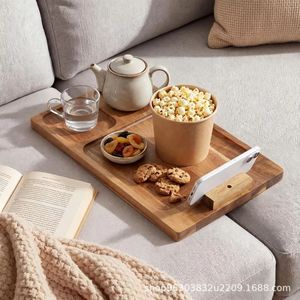 Wooden Sofa Tray Rectangular Snack Plate Solid Wood Living Room Couch Table For Home Use With Phone Stand And Cup Holders - Product Image 1