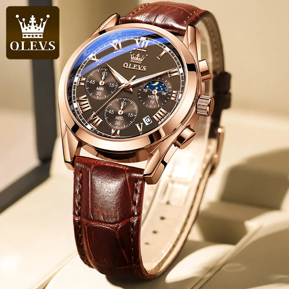 Olevs 2871 Oem Luxury Fashion Glass Quartz Analog Leather Casual Leather Strap Men Wristwatch