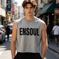 Débardeur Homme Personnalisé Gris Court Effiloché Sans Manches en Coton Lourd 100% avec Imprimé Lettres – Idéal pour la Gym et le Musculation