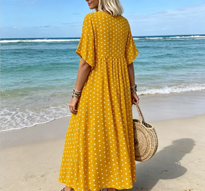 <span class=keywords><strong>Abito</strong></span> lungo da donna a <span class=keywords><strong>pois</strong></span> giallo con scollo a O, <span class=keywords><strong>maniche</strong></span> corte, vestibilità ampia, casual, per l'estate, la spiaggia e l'uso quotidiano, modello A-Line - Product Image 5