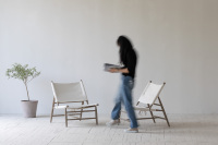 Fauteuil d'appoint Wabi-sabi authentique, style contemporain du milieu du siècle, en toile naturelle Oka, en bois, pour les vacances, détente et loisirs