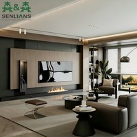 Meuble TV mural de luxe en bois foncé avec panneau cannelé, cheminée linéaire, vitrine en verre, niche artistique et rétroéclairage LED