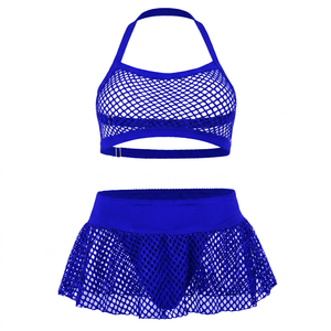 Conjunto de lencería de malla de dos piezas para mujer, talla grande, con sujetador halter hueco y falda con volantes, con diseño de red y detalles de aguja - Product Image 3