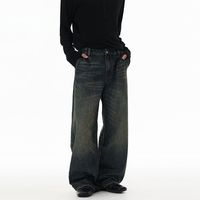 Pantalon en jean délavé style rétro américain, effet vieilli, coupe droite ample et tendance pour homme