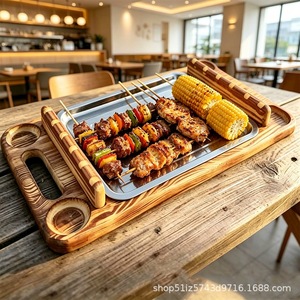Plateau de barbecue rétro en bois 56x30x8 cm avec support pour brochettes pour pique-nique en plein air et utilisation à la maison - Product Image 3
