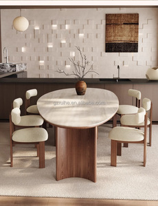 โต๊ะอาหารและเก้าอี้ไม้เนื้อแข็งสไตล์ฝรั่งเศสสมัยใหม่ โต๊ะอาหารทรงวงรี โต๊ะอาหารหินแบบอุโมงค์ลมรุ่นใหม่ - Product Image 4