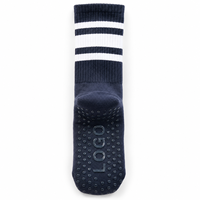Chaussettes de Pilates en coton côtelé antidérapantes à rayures blanches avec logo jacquard marine personnalisé en gros