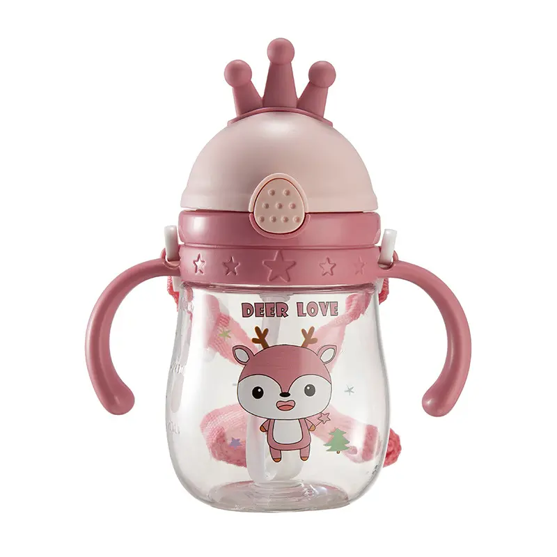 Baby Children Student Kids Cartoon Cute Crown Handle Straw Plastic Water Cup Bottles