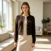 Gaby – Cardigan en tricot pointelle marron de haute qualité pour femme, personnalisé OEM, à manches longues et boutons en corne