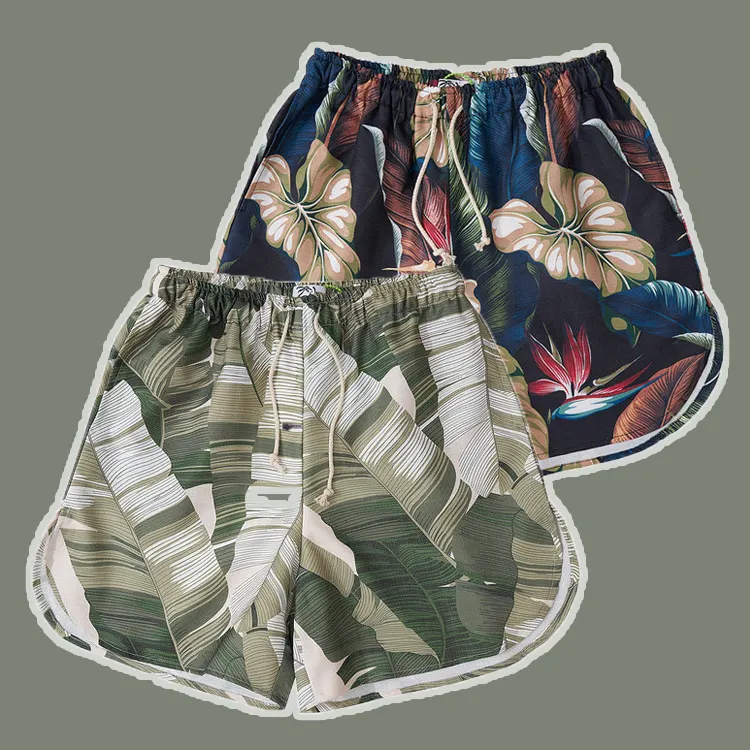 HL manufacturer wholesale green floral print quick-dry surf pants summer board shorts custom drawstring men beach shorts
