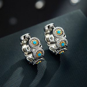 Daisy Flower Clip On Earrings Blue Turquoise Bezel Setting Two Tone Gold Women Party Fashion Jewelry - Product Image 1