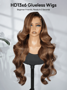 Perruque <span class=keywords><strong>Cheveux</strong></span> Humains Châtain Brun avec Mèches <span class=keywords><strong>Caramel</strong></span> HD 13x6 Ondulée Lâche Sans Colle Haute Densité avec Ligne de <span class=keywords><strong>Cheveux</strong></span> Améliorée - Product Image 3