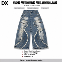 Jean en denim délavé personnalisé 420 g/m² à jambe large, coutures incurvées, bords effilochés, poches avant zippées, pantalon en denim streetwear OEM ODM