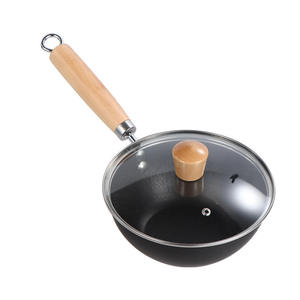 Wok miniature personnalisé de 20 cm, en fonte, noir, antiadhésif, avec couvercle en verre et poignée en bois, compatible avec les cuisinières à gaz - Product Image 2