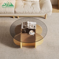 Table basse ronde en verre d'art moderne Wayon, plateau en verre trempé brun avec base en bois pour salon