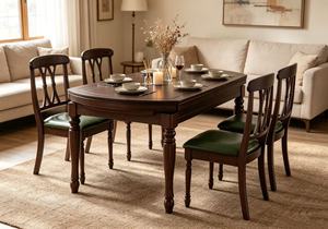Vintage <b>Extendable</b> Dark <b>Wood</b> <b>Dining</b> <b>Table</b> Set, 6 Seater with Green Leather Chairs - Product Image 6