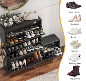 <span class=keywords><strong>Meuble</strong></span> à chaussures noir rainuré avec 4 tiroirs basculants et banc, range-chaussures étroit en bois dissimulé pour entrée - Product Image 4