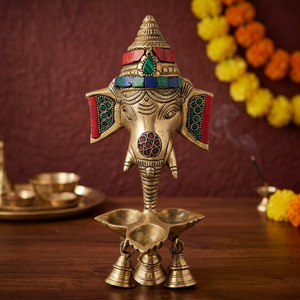 Lampe murale Ganesh en laiton de qualité supérieure avec clochettes, sculpture indienne artisanale à prix de gros - Product Image 5