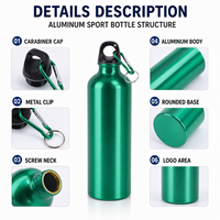 Bouteille d'eau sport en aluminium à petite ouverture pour cadre de vélo, avec mousqueton, idéale pour l'escalade et le cyclisme en extérieur