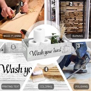 Boîte à mouchoirs en bois rectangulaire pour salle de bain, porte-papier toilette avec impression « Lavez-vous les mains », pour rangement sur comptoir - Product Image 1