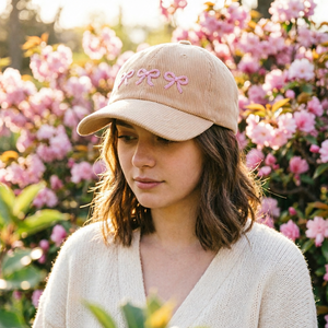 Cappello da Baseball Premium in Velluto a Coste Rosa con Fiocco Ricamato, Stile Coquette, Beige Crema, Regalo per Lei - Product Image 2