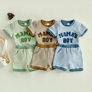 Conjunto de Ropa de Algodón a Rayas con la Letra MAMAS BOY, Ropa Casual de Verano para Bebés, Mameluco de Manga Corta y Pantalones Cortos para Niños Pequeños - Product Image 1