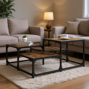 Smoked Oak Engineered Wood Coffee <b>Table</b> With Metal Accents Modern Industrial Living Room Furniture - Product Image 2