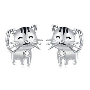 Boucles d'oreilles en or blanc E2260 avec chat de dessin animé et serti de zircon, bijoux cadeau pour femme - Product Image 1