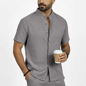 Men's Linen Stand Collar <b>Short</b> <b>Sleeve</b> <b>Shirt</b> Solid Color Casual <b>Button</b> <b>Up</b> Top Breathable Summer Wear - Product Image 3