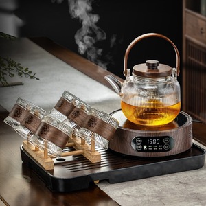 Tetera de Vidrio de 1.3L con Asa de Madera, Resistente al Calor, con Diseño de Rayas, de Gran Capacidad, con Filtro para Preparar Té - Product Image 3