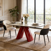 Table à manger ovale en marbre de luxe moderne avec base conique rouge, table à manger en pierre naturelle pour la maison et les restaurants