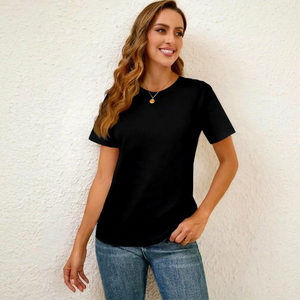 Camiseta de algodón para mujer, cuello redondo, manga corta, corte regular, color negro, informal, transpirable, para todas las temporadas - Product Image 1