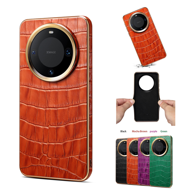 Genuine Leather Crocodile Texture Electroplated Shockproof Phone Case, Wireless Charging Compatible, Fits Mate 60 Series