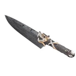 Multifunctional Super Sharp Cooking Damascus Forged Copper Plated Gold and Silver Handle Chef Knife for Cutting Meat