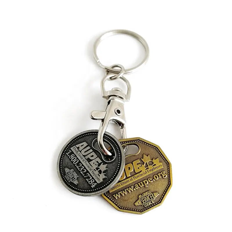 Gantungan kunci koin troli Inggris Kanada gantungan kunci logam gantungan kunci Token Chip troli belanja Supermarket Logo kustom untuk troli belanja