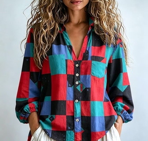 Camisa de Mujer con Logo, Bloques de Color, Cuadros Geométricos, Botones al Frente, Manga Larga, Cuello en V, Blusa Casual Holgada con Bolsillo, Talla XL - Product Image 1