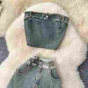 Ensemble 2 pièces Y2K pour femmes, haut tube sans manches et jupe en jean taille haute, Ropa Wholesale - Product Image 4