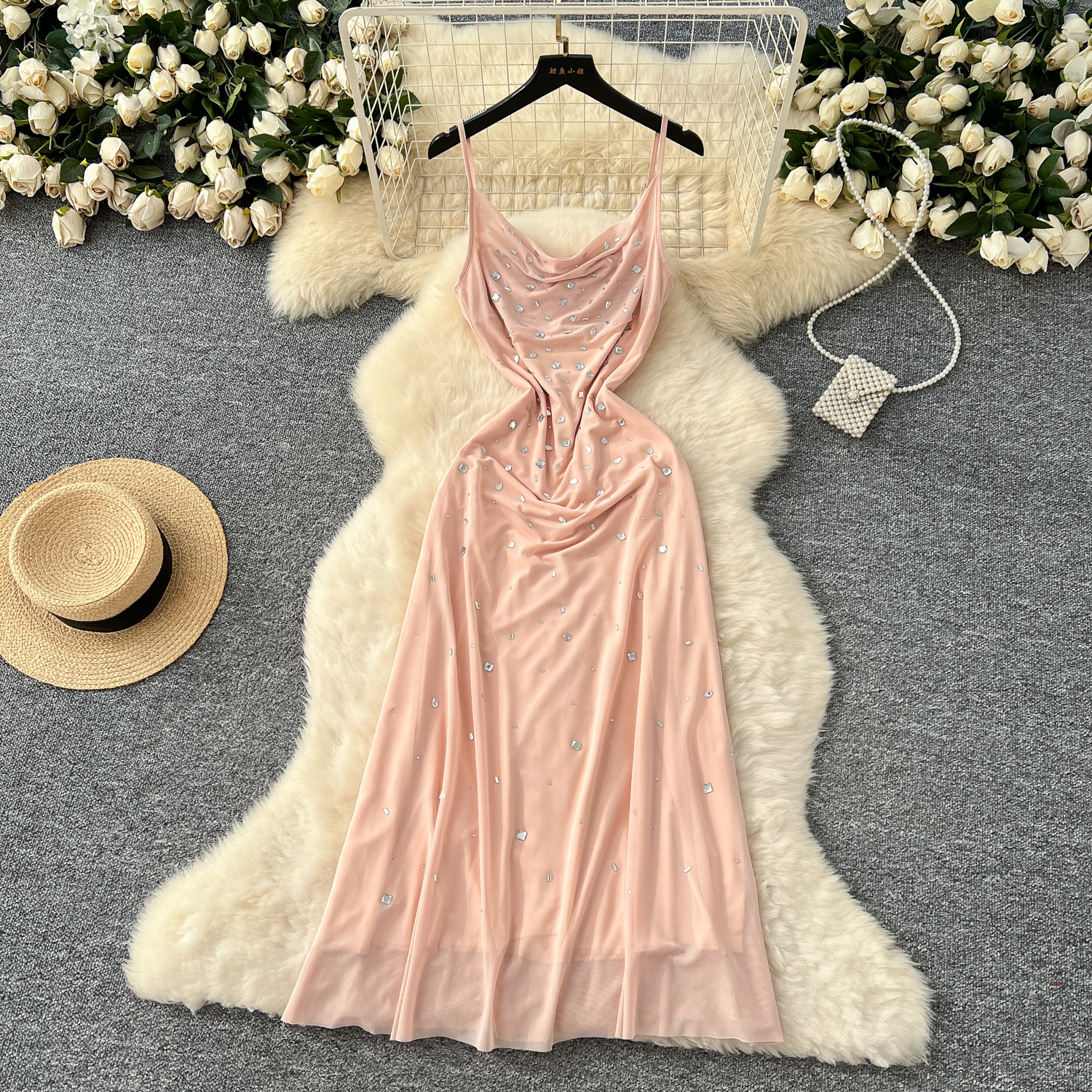 Womens Halter Dress Beaded Strapless Chiffon Dress Waist- Long Gown With Draped Neckline Halter Neck Dress Womens Halter Dress Beaded Strapless Chiffon Dress Waist- Long Gown With Draped Neckline Halter Neck Dress