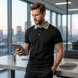 <b>Men's</b> Black <b>for</b> <b>Shirt</b> Green Collar Cuffs Short Sleeve Regular Fit Solid Color Casual Knit Pique Fabric 100% Cotton Anti-Wrinkle - Product Image 4