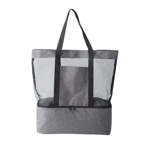 Double Layer Large Capacity Summer Shopping Tote Bag Custom Portable Insulated Food Picnic Mesh Beach Cooler Bag For Women