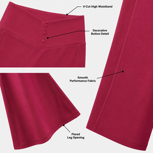 Pantalones de Yoga Premium para Mujer, Color Borgoña, Cintura Alta, Corte Acampanado, con Cintura Cruzada en V y Detalle de Botones, para Colecciones de Fitness Profesional - Product Image 6