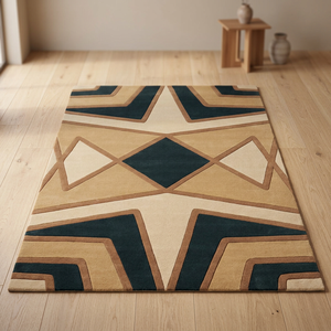 Tapis géométrique Art Déco bleu marine beige à motif étoile diamantée, tapis de designer pour décoration intérieure contemporaine - Product Image 3