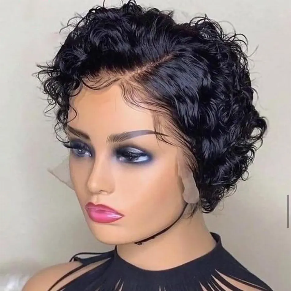 6 Inch 100% Brazilian Remy Short Hair J Part HD Lace Wigs Vendor, Pre Plucked Pixie Cut Curly Human Hair Transparent Lace Wig