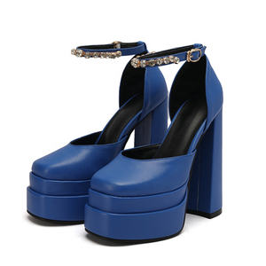 Sandales à talons hauts en cuir PU pour femme, style fantaisie, bout carré, plateforme épaisse, chaussures habillées d'été, ornées de diamants, taille 43 - Product Image 5